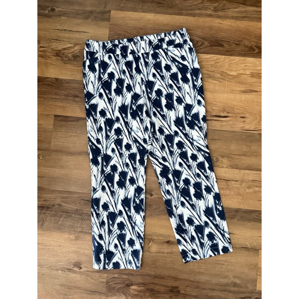 Marla Wynne Flatter Fit Stretch Capri Trousers Indigo/Cloud Pattern Size 14 NWOT